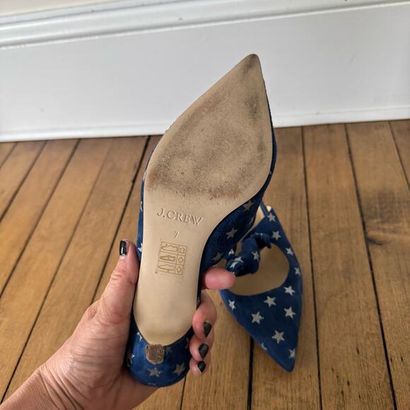 J. Crew Sophia Blue and Silver Starry Suede Kitten Heels Mules 7 americana - Picture 11 of 11